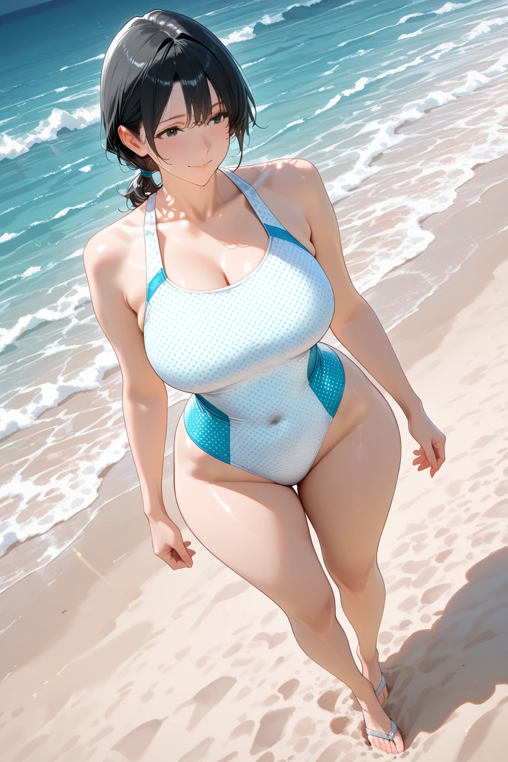 (1girl:1.5),(under breasts:2.0),(Smile Beam:1.5),((huge breasts:1.5)),(huge saggy breasts:1.5), ((cleavage:1.5)),((blue competition swimsuit:2.0)),((High leg:2.0), 20 years old,masterpiece,hyper quality, very detailed,perfect picture,3D,8k,High resolution,seductive anime girl, medium hair:1.3,black hair,(black eye:1.5),sporty hairstyle,Smooth anime CG art,