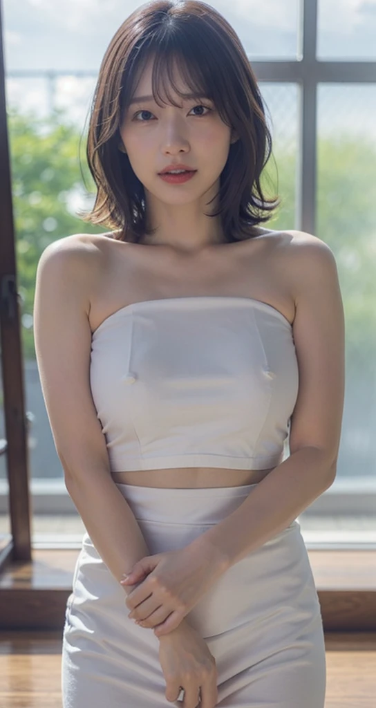 Beautiful woman with perfect figure:1.4,snow,snow背景,Layered Hairstyle,White skin,Prominent cleavage,Pleated Skirt,whole body,Very delicate face and skin texture,Double eyelids,Skin Whitening,Long white hair