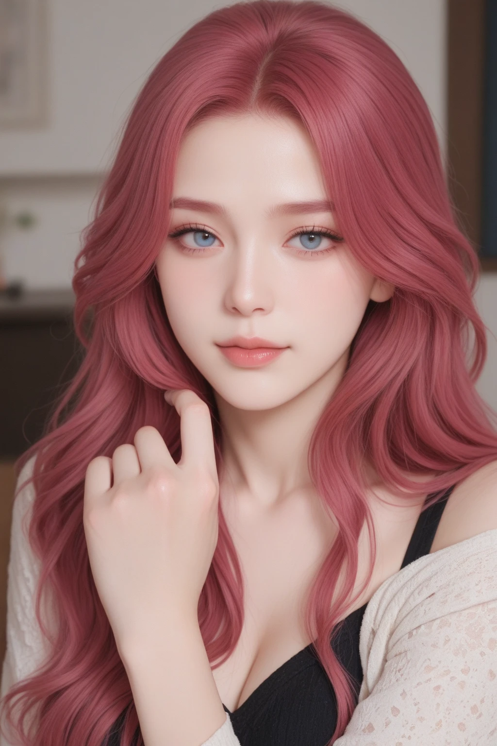 young woman, peach skin, short pink hair, wide forehead, big green eyes, buttoned nose, big pink lips, slender body, small breasts, medieval period clothing, deep neckline, Sakura Haruno, 3d
