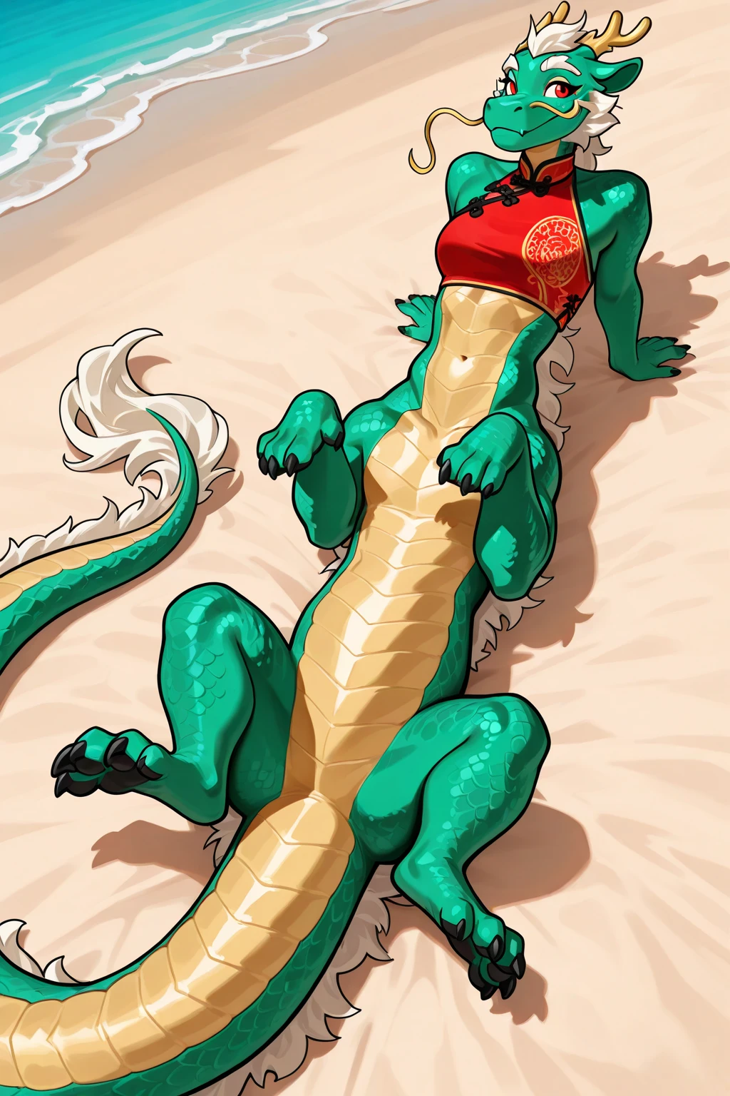 (Gwen Stacy (nude human) sparse pubic hair) full body, fucking one (lizardman (wearing lab coat) with penis) full body on a deserted beach