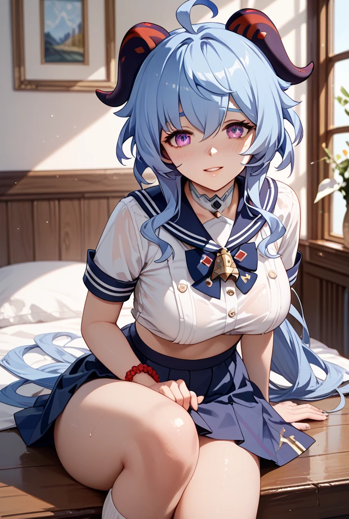 <lora:xl_peila girl2-000011:1>,peila girl,purple hair,blue eyes,glasses,beret,celestique\(hairdo)\,solo,pajamas,