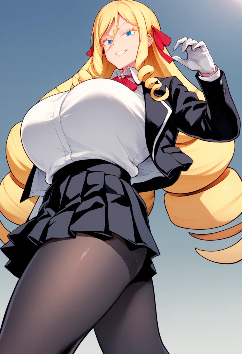 Pretty Maid, blonde hair in bun, jawling, cute, black maid dress, ((skinny hips)), atlethic arms, ((toned legs)), ((thighs on frame)), toned, (muscular female), (large breasts:1.2), curvy BREAK, ((short black skirt)), ((sleeveless)), ((bare thighs)), faccing viwer, cute face, (((vibrant colors:1.2), vivid BREAK intricate details, (masterpiece:1.3), (best quality:1.3), (perfect anatomy:1.4) BREAK, (beautiful white clouds:1.3), puffy clouds, white sky)), sulcate, cell shading, simple shading, clean lineart
