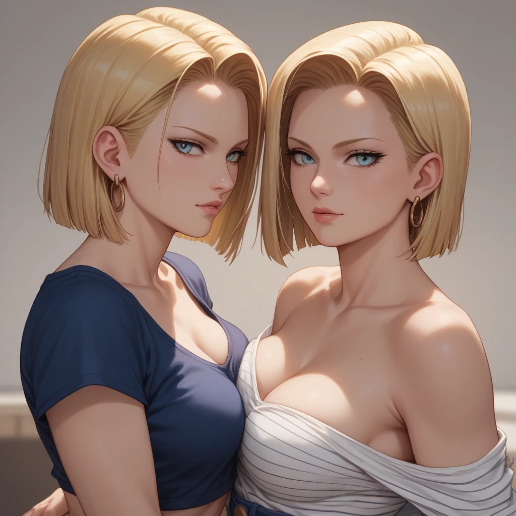 Android 18 Dragon Ball Z, short blonde hair, blue eyes, sexy clothes, random scene, looking at camera. perfect image without imperfections, ((completely naked))