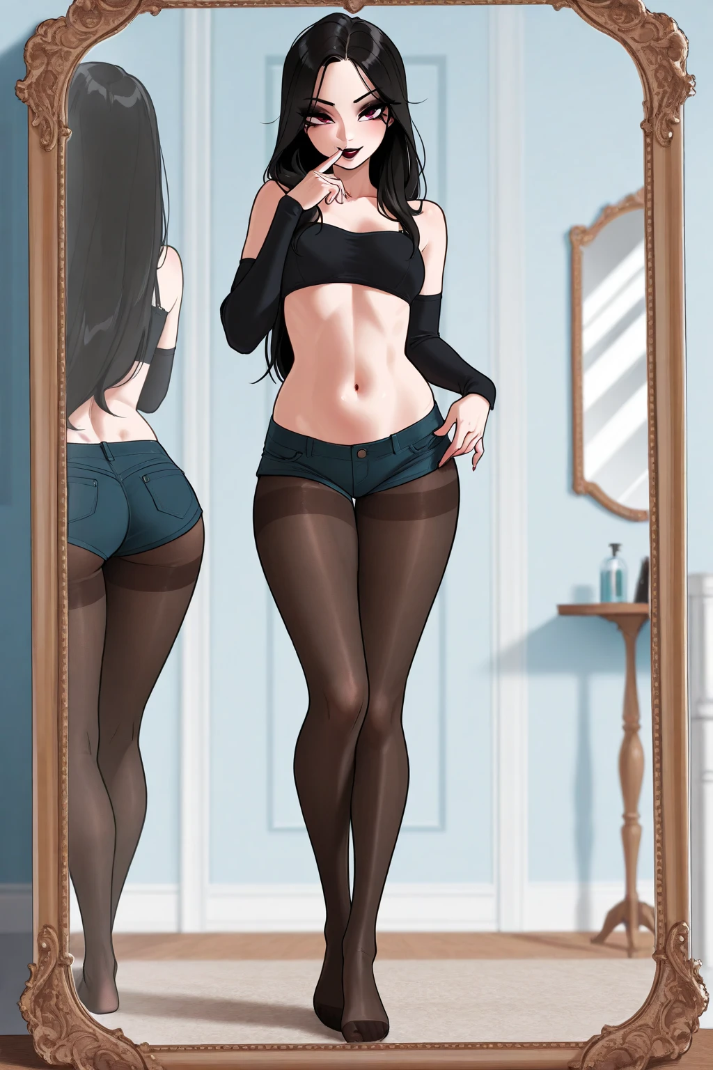 Full body photograph of an extremely beautiful 17 year old girl. Long brown hair. Fine and perfect face, perfect mouth, green eyes, professional makeup. (Big perfects boobs), very toned slim body, small waist, perfect and very toned ass. Dressed in a black push-up bra, very sexy black thong. High image quality, maximum image resolution.
