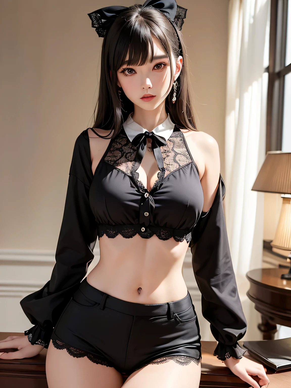 table top, highest quality, figure, super detailed, finely, High resolution, 8k wallpaper, 完璧なダイナミックな構figure, beautiful and fine eyes, woman&#39;s fashion fluffy winter clothes,Wearing sunglasses，medium hair,small breasts natural color lip, bold sexy pose、20 year old girl、cute、sexy shot looking at camera,RAW photo,anatomically correct body,blur the background,perfect and beautiful face,KPOP idol face,Slim face and body、Wearing a black miniskirt，Wearing black high heels，sitting in a chair，