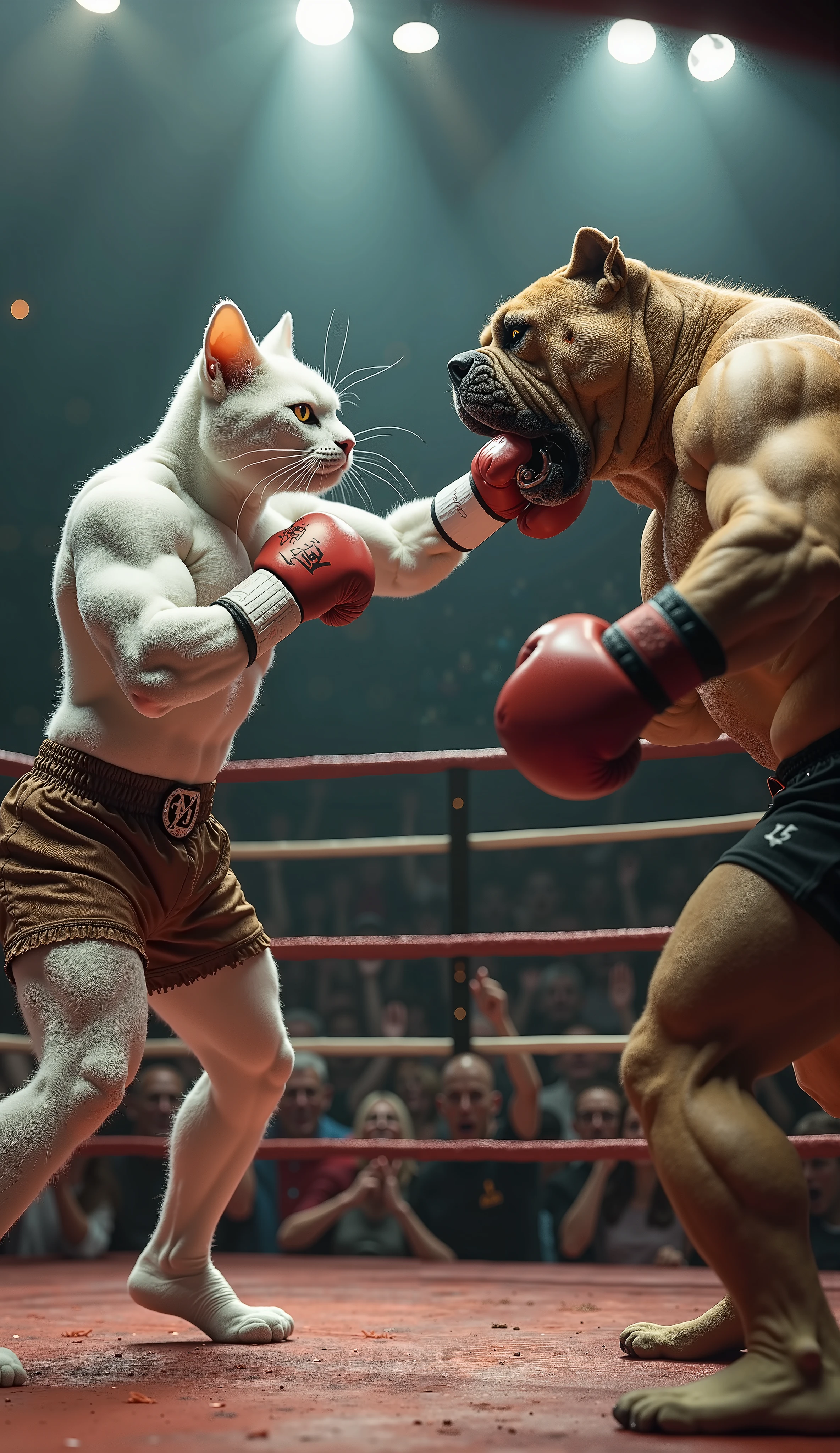 Two white bodybuilder cats are engaged in a fierce fight inside a boxing ring. One cat, with a charming and confident expression, stands tall and powerful, its muscles rippling as it prepares to strike. The other cat is badly injured and fall in ring floor, with cuts and bruises covering its body, struggling to stay on its feet. The confident cat exudes dominance, while the injured cat shows determination despite its weakened state. The ring is lit dramatically, emphasizing the intense contrast between the two fighters.