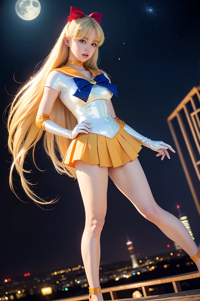 rialistic photo、sailorvenus、, with long blonde hair, the sailor galaxia. Beautiful, Anime Barbie in white stockings,White panty、17 year old beautiful girl、Poolside in summer、Sunflower background、, by Sailor Moon, model エリサヘス s from acquamodels, full pose, Bottom Angle, wearing honey - themed miniskirt