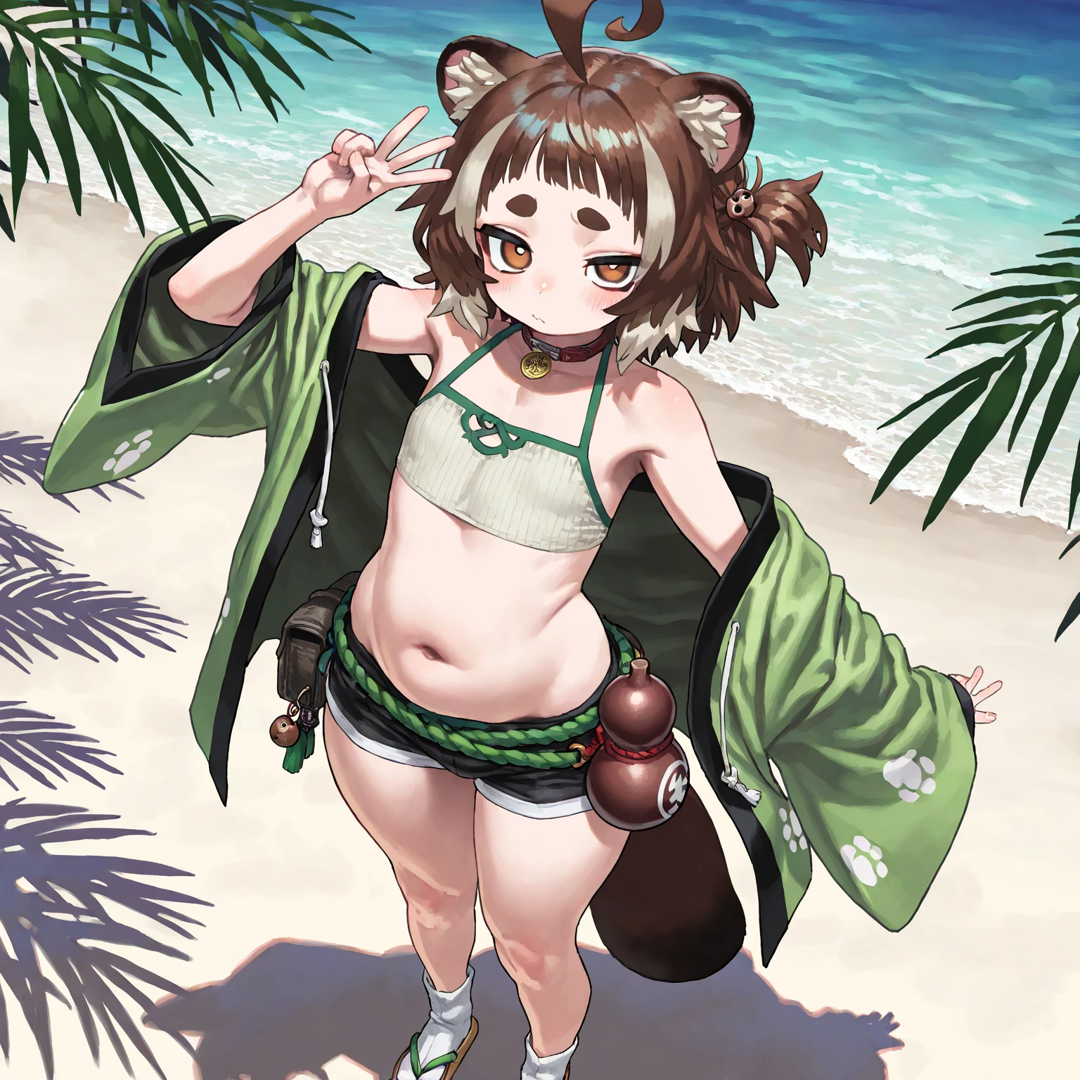 master peice,hyper quality, hyper-detail,Perfect drawing,Hi-Res、独奏、beautiful a girl、bbw、Leaf pattern bikini、Beaver ears、(Beaver's nose)、(Beaver's mouth)、((Beaver teeth))、Beaver's tail、Beaver's palm、Beaver's paws、Beaver's fingers、sharp claws、Beaver fangs、Hunter's eyes aiming for prey、Mesh for black and light brown hair、Sharp eyes、Height 170cm、MeasurementsB90W60H90、Kneeling、pow pause、jungle、((lakesides))、beatiful backgrounds、Accurate drawing、Detailed drawing、