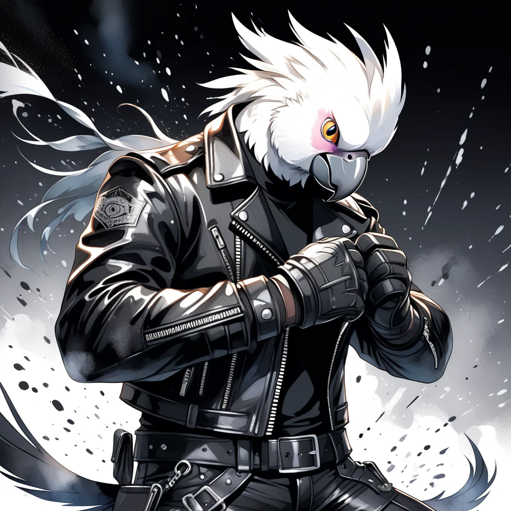 Man, muscular, white braids in his hair, scary look, wide white pants, wearing wolf skin, gas mask, black smoke on his body, crows around, blood all over his body, "Anime character design inspired by One Piece, full of dramatic and impressive lighting, focus on the centralized character, impressive face, full of creative details, ultra-fine 4K design, scenery bathed in creativity, boasting 2D anime resolution clarity, HD anime graphics, high-octane rendering"