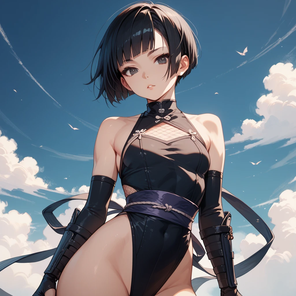 Fantasy, 1 tiny_ Girl, (Loli)++, 10yo, slender_child, cat_ears, Cape,Outdoor,Leotard, Shy, (bare_groin,bare_waist)++, hold_huge_sword_hilt, Solo, Thigh, covered_,apart_legs, Smile, Happy, black_hair, navel_naked, slender_legs,tiny_slender_thighs,