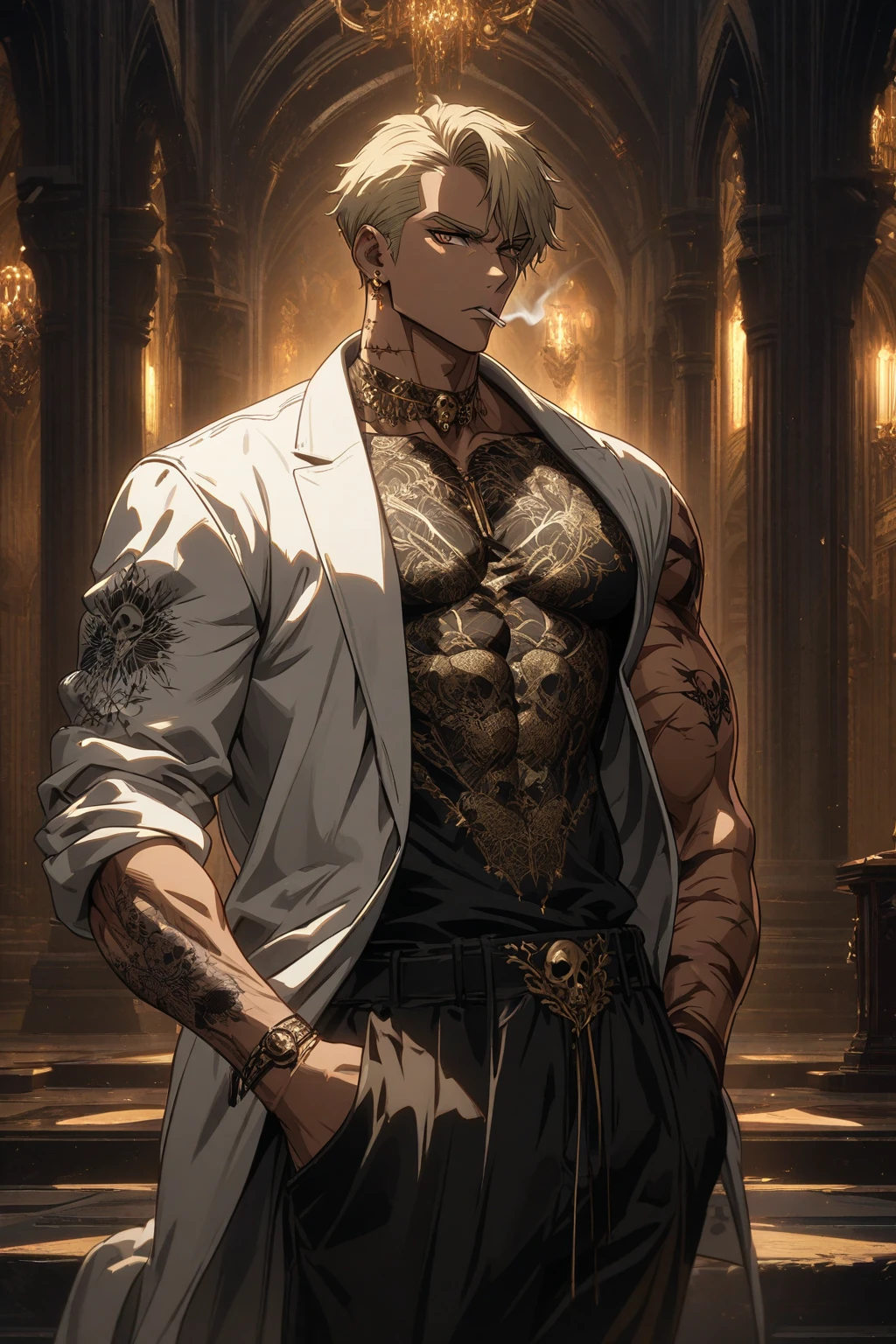 A young man with short gray hair, completely white skin, pale skin, resolute eyes, handsome face, serious expression, a metal collar around his neck, his upper body is bare, a slender yet muscular build, a purple demon tattoo is on his left shoulder, a black and white belt, cloth trousers, emitting a purple aura, he stands in a mining valley, the ground around him glowing red and cracking open, this character embodies a finely crafted fantasy-style slave warrior in anime style, exquisite and mature manga art style, dramatic, high definition, best quality, highres, ultra-detailed, ultra-fine painting, extremely delicate, professional, perfect body proportions, golden ratio, anatomically correct, symmetrical face, extremely detailed eyes and face, high quality eyes, creativity, RAW photo, UHD, 32k, Natural light, cinematic lighting, masterpiece-anatomy-perfect, masterpiece:1.5