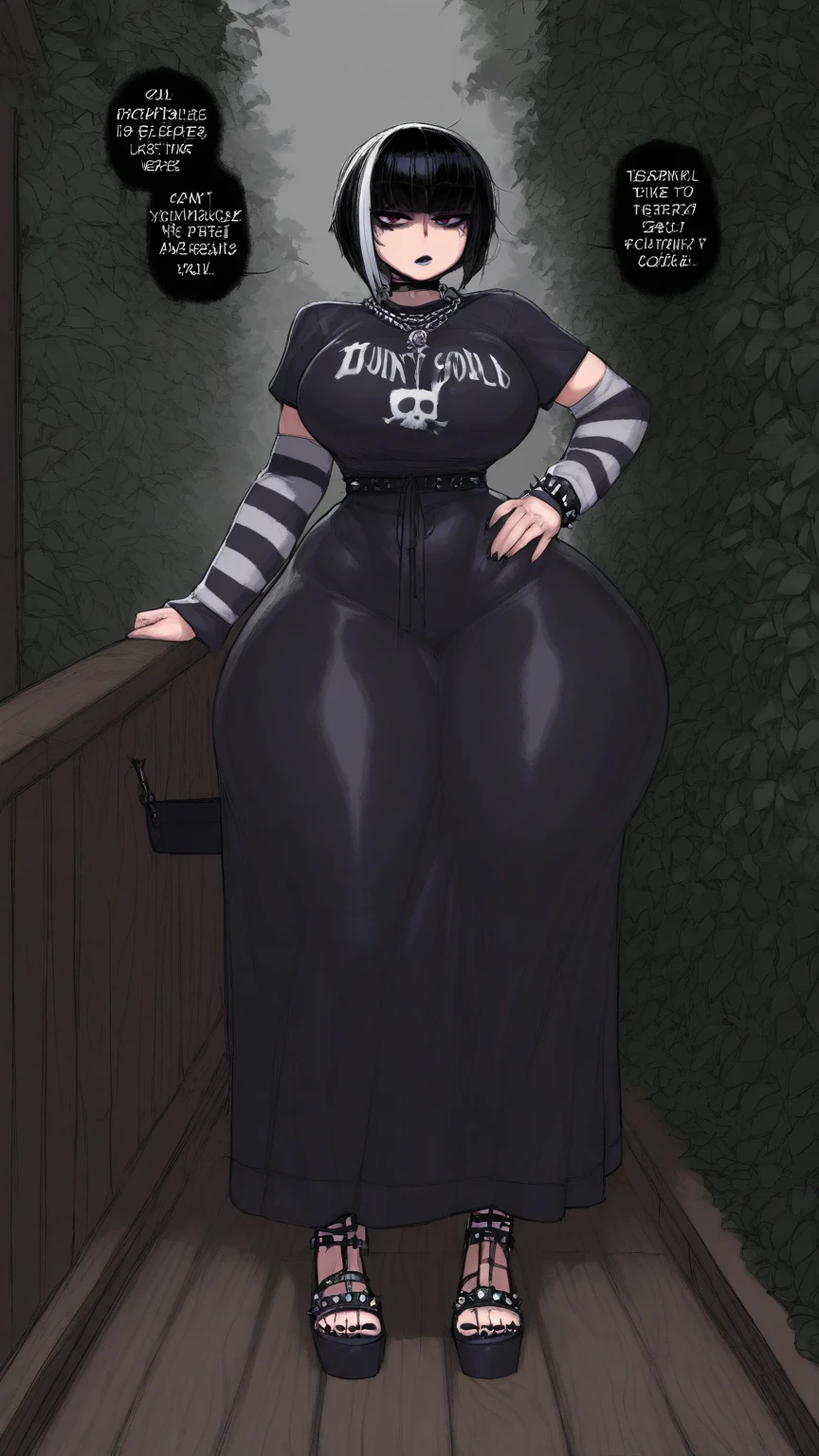 masterpiece, best quality, 1girl, ((young girl)), shiny skin, (thin waist), ((curvy)), ((wide hips)), ((small size)), hot, soft natural lighting, reflections, bright illuminations, full body, (((sexy pasties))), (((tatoo on thigh))) navel, big long black hair, tomoko, sexy, slim figure, Detailed green eyes, Detailed face, Detailed eyes, tomoko kuroki, watamote, bare arms