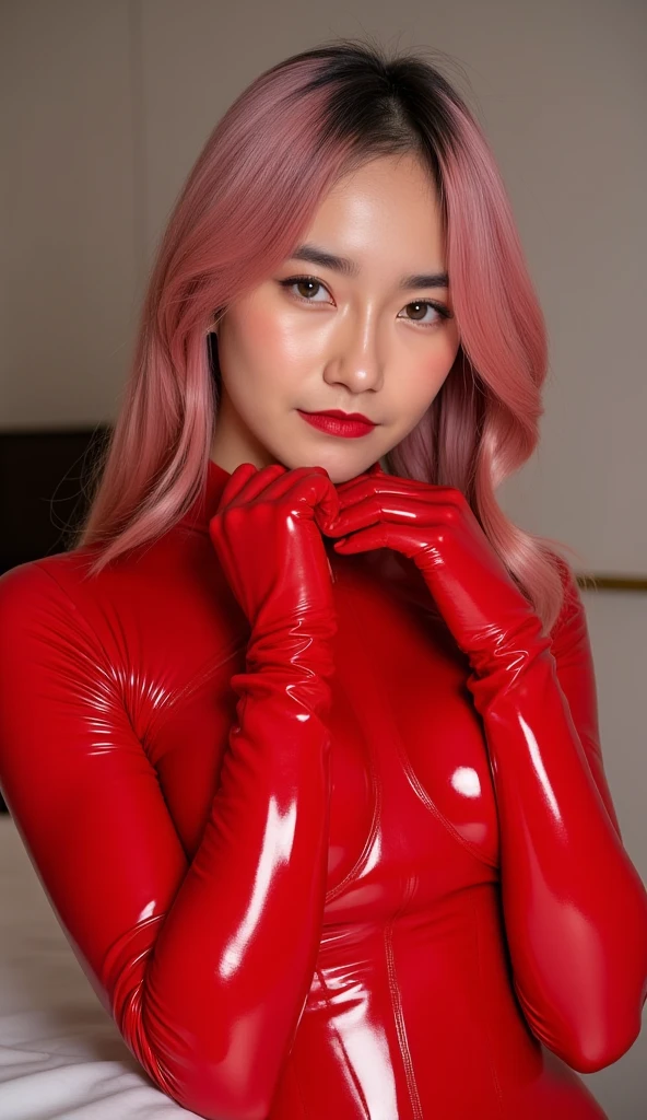 nsfw、sexy stylish female idol、glossy lipstick、smiling face、defined eyebrows、ultra detailed vivid makeup、very long lashes、full body Esbian、sheer latex dress、Colorful hair