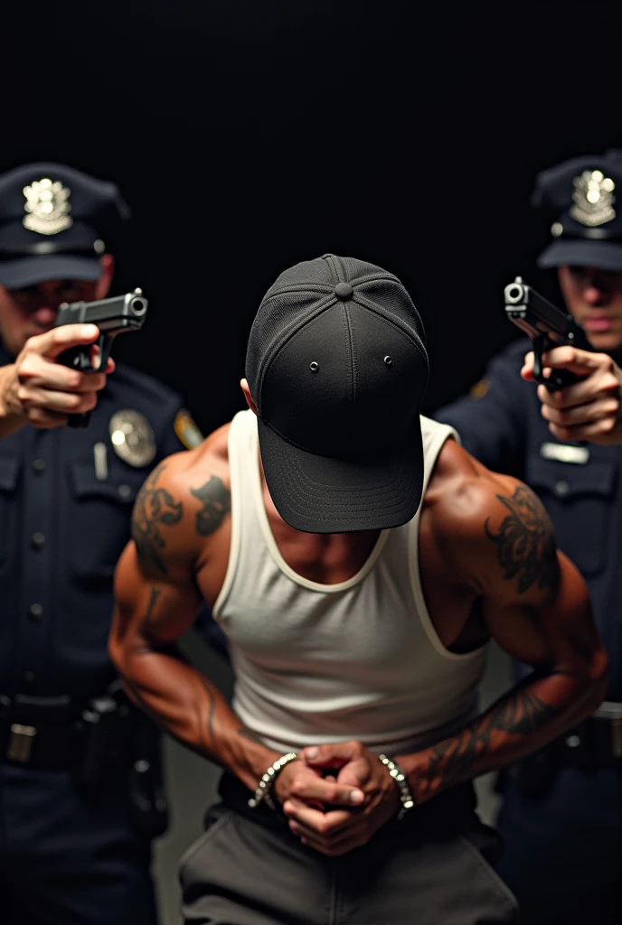 Large, strong uniformed police officer pointing a pistol at a shirtless, lean, muscular mixed race man, just in shorts and flip flops, with your hands on your head.