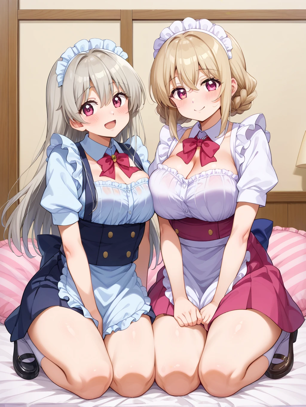 shiina_chieri, masterpiece, Best Quality, purple eyes, blonde hair, big breasts, frown)1.2,angry,contemptuous,disdain,masterpiece,Best Quality,(maid)1.4,A beautiful face,general store,indoors,(Lift up the skirt)1.5,(pink panties )1.3, Dutch corner, Clear reef, Legs apart,,Knees with us,