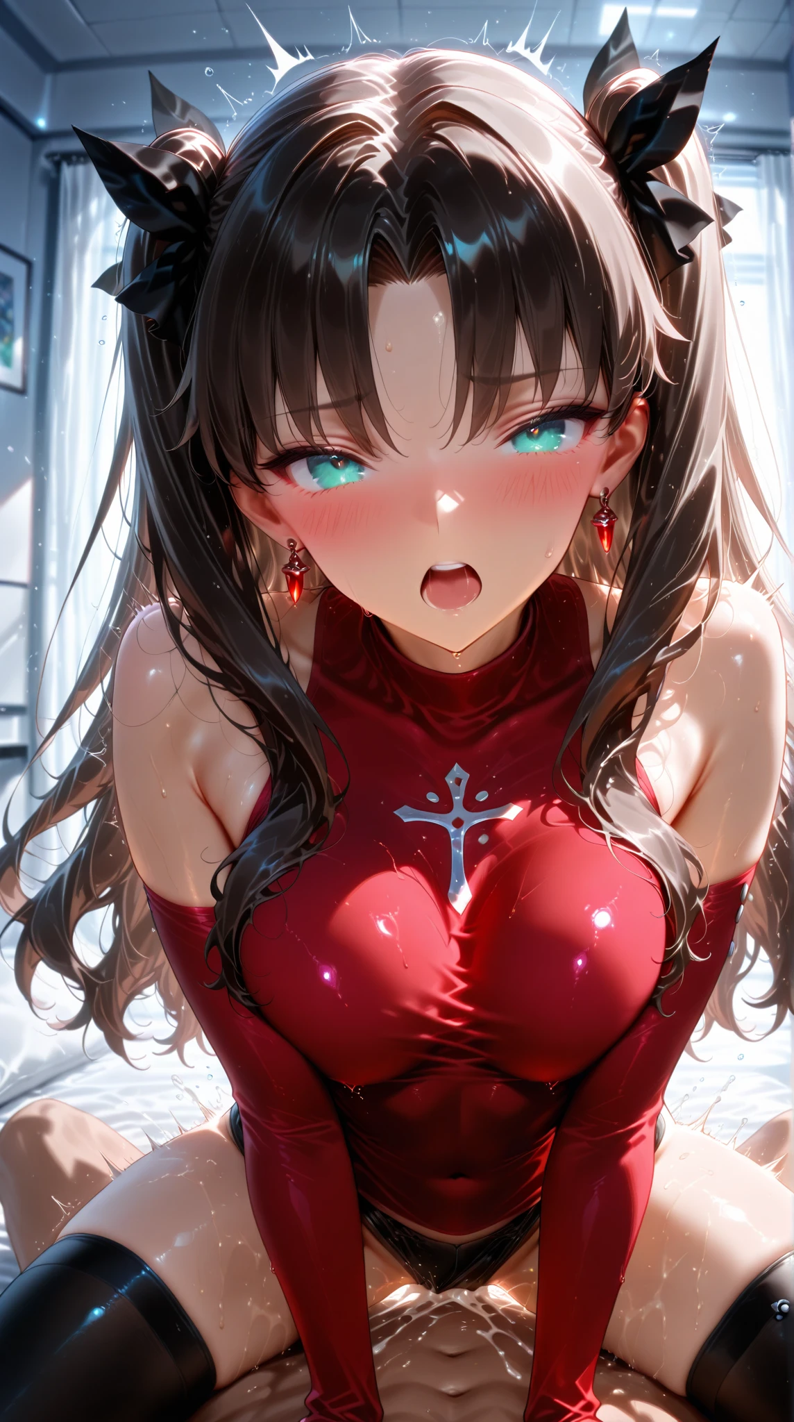 1girl, (独奏:1.3), ((a perfect face)), ((詳細な目)), Long hair, 가슴, Bangs, brown hair, thights, thights, gloves, long sleeves, band, cleavage, Hair between the eyes, jacket, hair ribbon, thights, belt, red ribbon, Orange Eyes, Erotic lingerie, white panty, wet panties, goggles, red jacket, red gloves, goggles on head, pouch, Crossed bangs, shrug (The clothes), red thighhighs, brown shorts, (Average Breasts,:1.1), Unbuttoned corset, open mouth, s face, TITTIES, Undressing panties, spread the, (Garter strap:1.1), stands, a table, rubs against the corner of the table, (Masturbation, Female masturbation, Masturbation Through Clothes:1.3), shy face, (:1.2), (soft blurry, Depth of field), watching viewer)