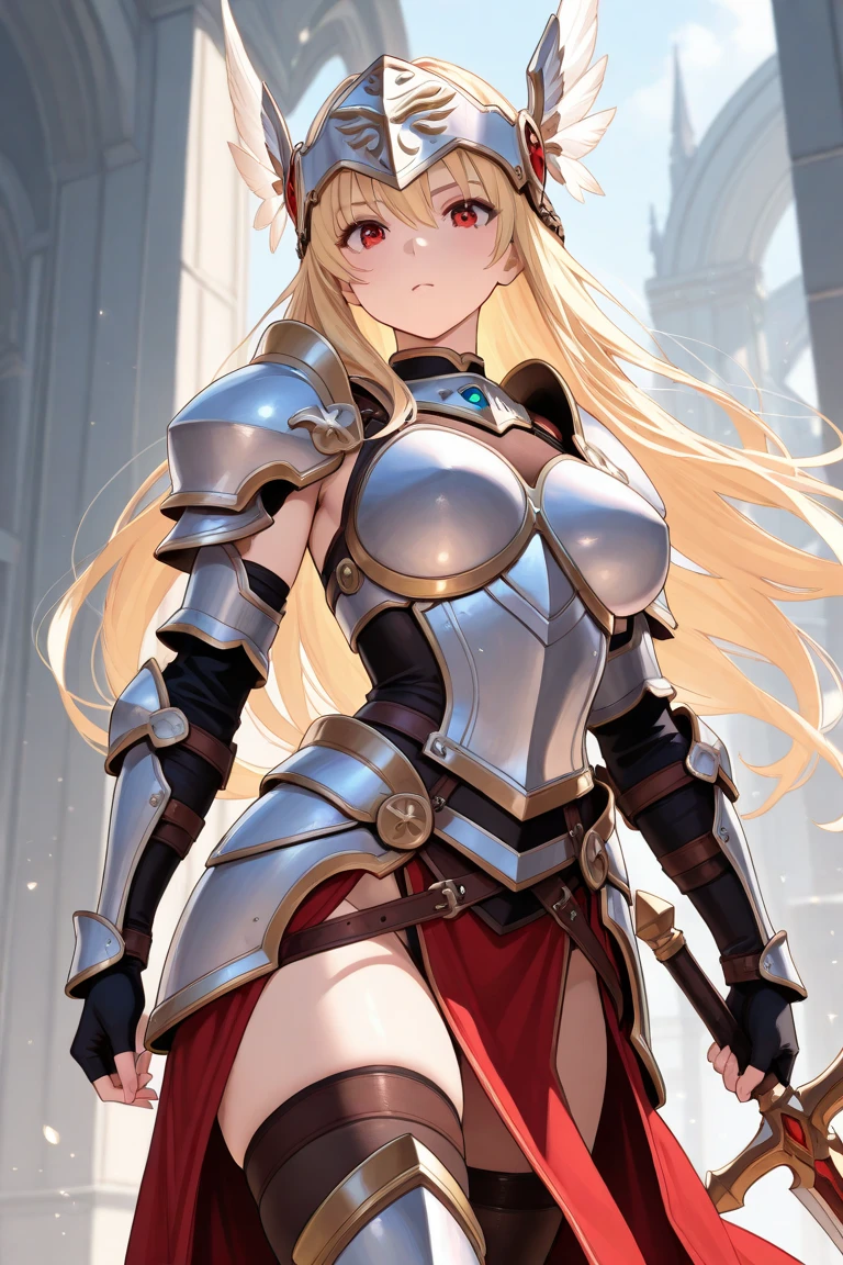 masterpiece, best quality, SimplePositiveXLv2, yuuki asuna, 1girl, solo, long hair, breasts, looking at viewer, blush, open mouth, bangs, skirt, large breasts, brown hair, long sleeves, bare shoulders, brown eyes, upper body, braid, pleated skirt, outdoors, parted lips, detached sleeves, day, belt, armor, tree, orange eyes, floating hair, red skirt, breastplate, bush, 