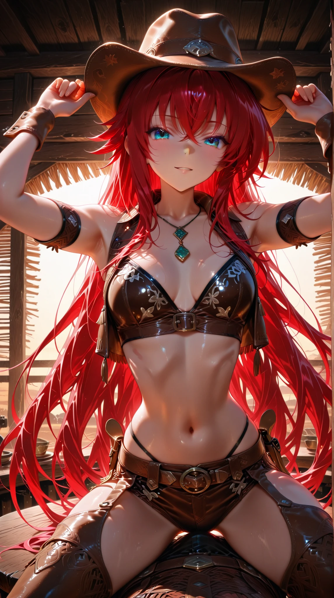 1girl, knight armor, gold armor, no helmet, redhead hair, green eyes, Armor only from the waist up, sexy, bottomless, no panties, happy, Fantasy, Octane render, Cinematic lighting, Otherworldy, Highly detailed, Character design, Trending on Artstation, Anime, 8K, Cyberpunk, HD, Intricate, Sharp Focus, Concept Art, Artstation, Digital painting, Concept art