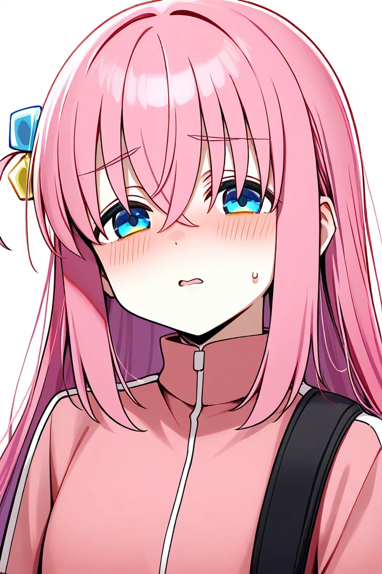 1girl,
gotoh hitori,
cube hair ornament, solo, one side up, pink hair, hair ornament, white background, looking to the side, upper body, blue eyes, simple background, track jacket, breasts, long sleeves, from side, profile, hand on own neck, sideways glance, long hair, large breasts, pink jacket, eyes visible through hair, hand up, expressionless, blush, closed mouth, hair between eyes, looking at viewer, crossed bangs, hair flowing over, very long hair, jacket, sidelocks,
score_9, sfw
<lora:pony_char_gotoh_hitori-000005:1>
