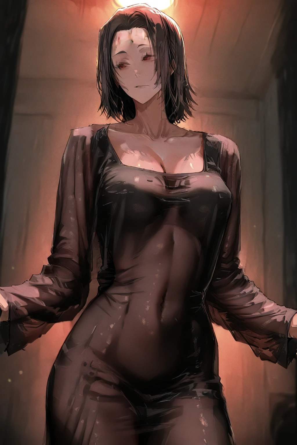 huge breasts, narrow waist, lustful expression, short hair, black hair, brown eyes, see-through nightgown, (seductive pose:1.3), dusk, sweating, heavy breathing, fog, (dramatic light:1.4), upper body, dark theme