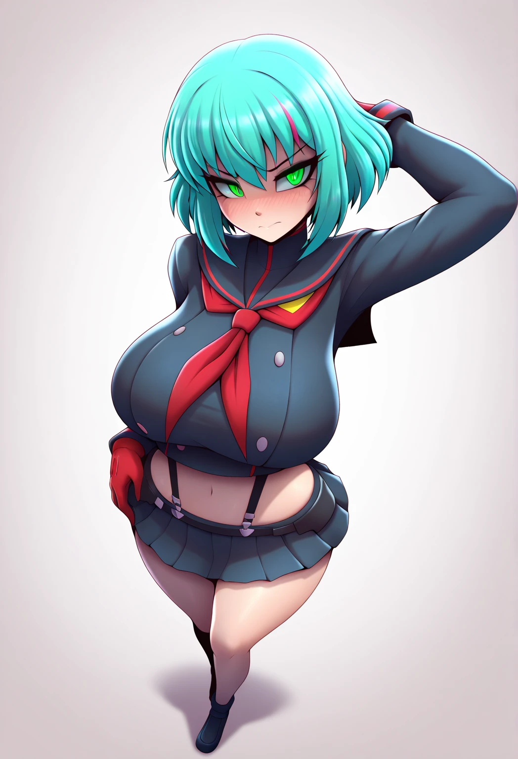 1 skinny girl, solo, light blue hair, side face, BREAK, red headband, BREAK, (dark purple eye:1.4), bending back, looking at viewer, BREAK, black plunging neckline short dress, dark yellow cropped jacket, black thighhighs, BREAK, (bouncing unaligned huge breasts:1.5), very short torso, (inconceivably narrow waist), thin long legs, BREAK, (show off crotch:1.4), BREAK, strong wind, (slipping hip)