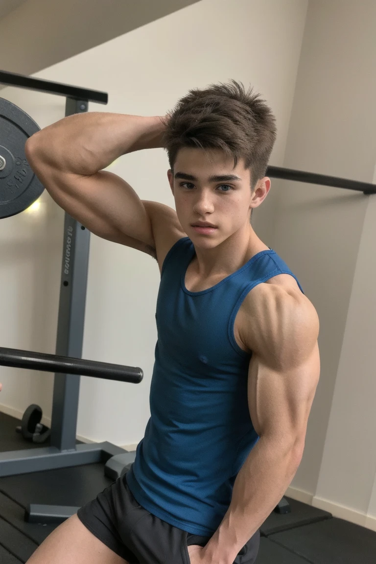 Japanese、14-year-old male、Well-developed muscles and smooth skin、very short black hair、Friendly and relaxed smile、Open mouth smile、Thin, small boxer shorts、The whole body is visible、in narrow bathroom、Guts pose