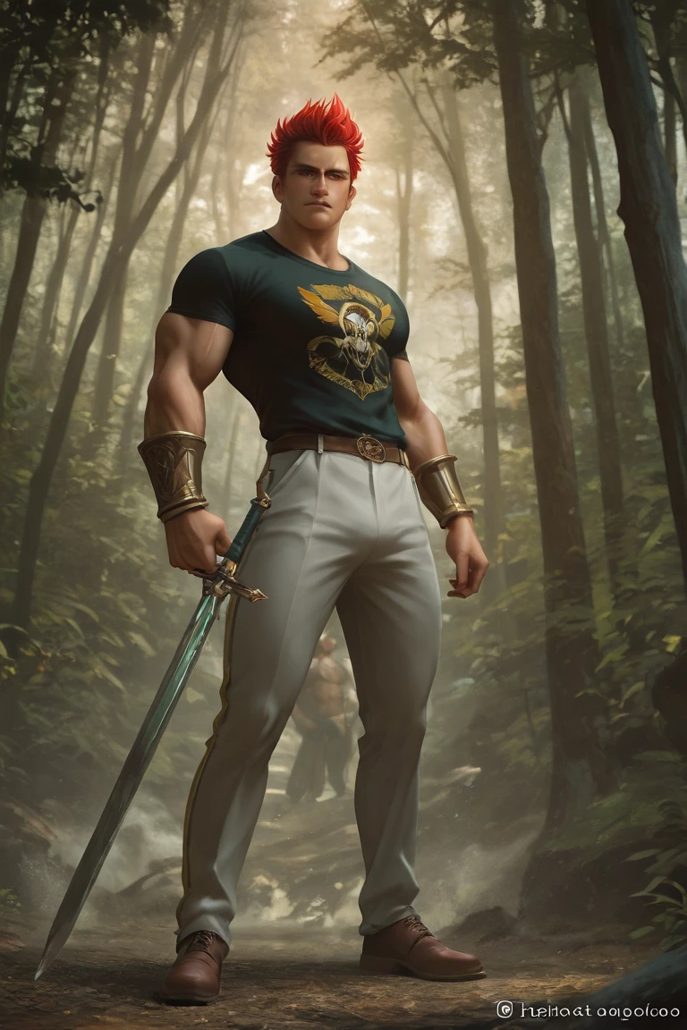 lustration in Leyendecker style : Muscular and pumped-up Prince Harry as a Beautiful Detailed Face, 4k resolution, Realistic, a perfect face, 28 years old, , light blonde hair, natural skin, Soft Impressionist, Perfect composition, a perfect face, Wearing leather armor, large bulge in the pants ,hairy chest and belly Holding a large sword in his hands, The background is a mysterious forest