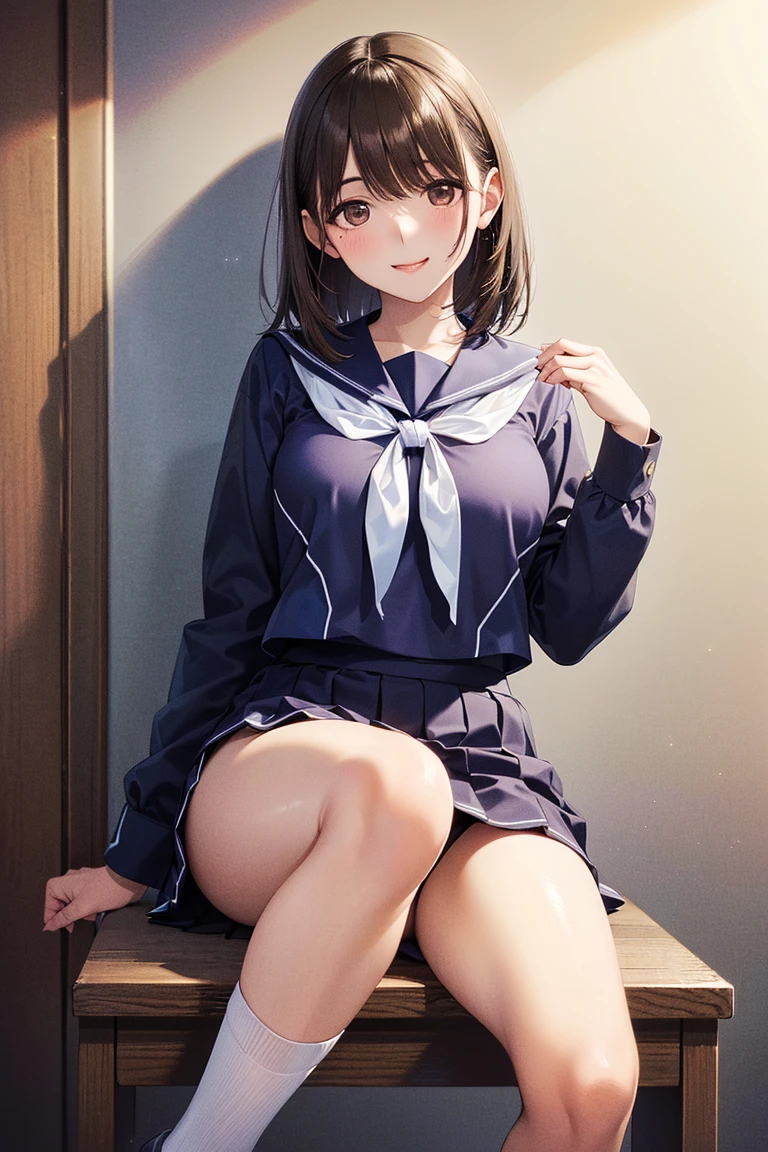 one girl、Honor Students、popular person、beautiful black hair、Hair reaching down to the waist、bangs、black eye、big breasts(C cup)、blazer、3rd year high school student、height: 160cm、Weight 50kg、delicate body、gray skirt、blue ribbon、Skirt length is about 10cm above the knee、looking at the viewer、cute face、cute anime illustration、black socks、Looks quite surprised、lie down on the floor、blush