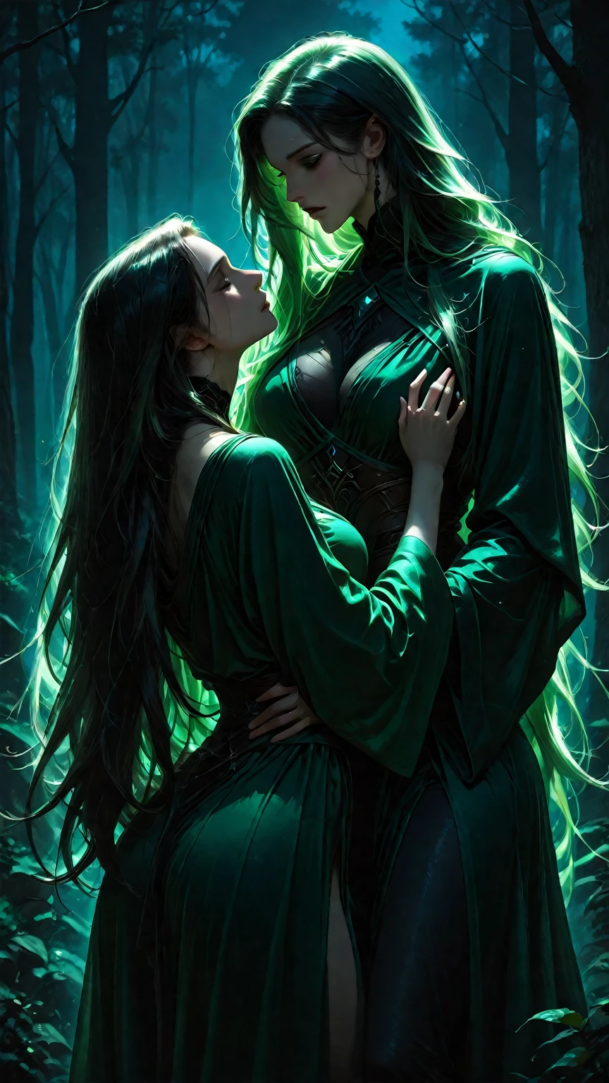 28 Jahre,a beautiful young woman, (lange schwarze geflochtene Haare), hogwarts haus Slytherin, long green coat, Naked disarmament, (bare breasts), green snake chain around the neck, Hogwarts im Hintergrund, holds green fire in his hand, Hand burns green,