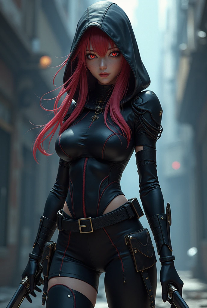 (RAW photo, 4k, masterpiece, high resolution, extremely complex) (realistic: 1.4),(Bandage wrapped around head covering one eye), cinematic lighting, (((a female character))), Focus on ground, (night), fog, medieval\(Style\), (Best Quality), (Highres),(dark skin)(short red hair),(big flowing red cape),(red and black clothing covering entire body ),(8k expressionless face),(Red eyes),(ulzzang-6500:1.0),(ground),(spectators),(piercing gaze),(side),(mysterious catacomb environment),((speed)), (reality),