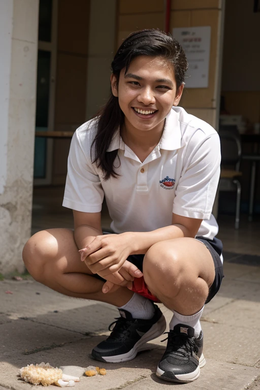 13 year old girl with medium length black hair, children's pigtails hair, Filipine facial structure, happy expression, she wearing a blue tiny tight dress, bare shoulders, she in a park, kneeling on the floor,