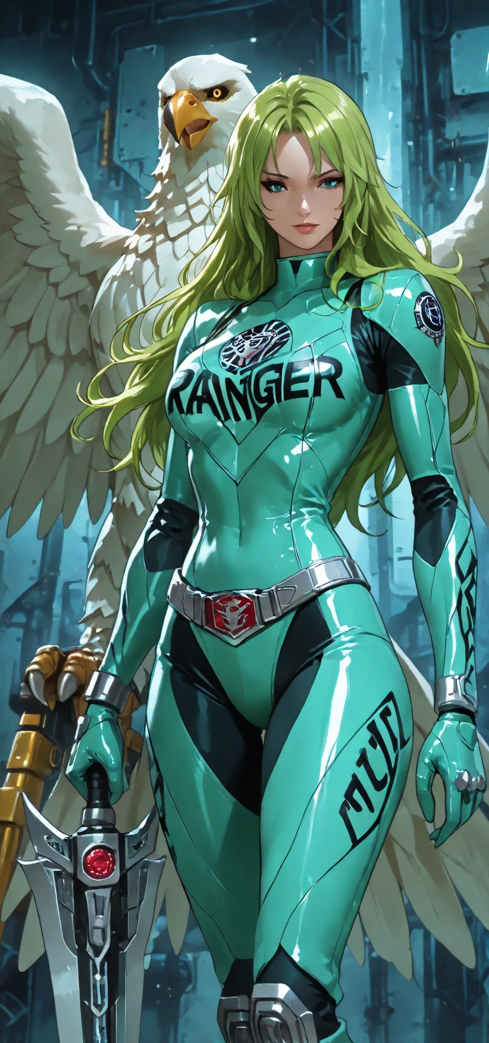 1girl, Monet, (power ranger suit:green and turquoise, eafle motif,1.9), green hair, long hair, stand on futuristik city, (best Anatomy,1.2), (fine fingers,1.3), (Eagle saber weapon,1.9), seductive expression, Eagle zord mecha behind her, best capture, ultra HD, 16K, masterpiece.