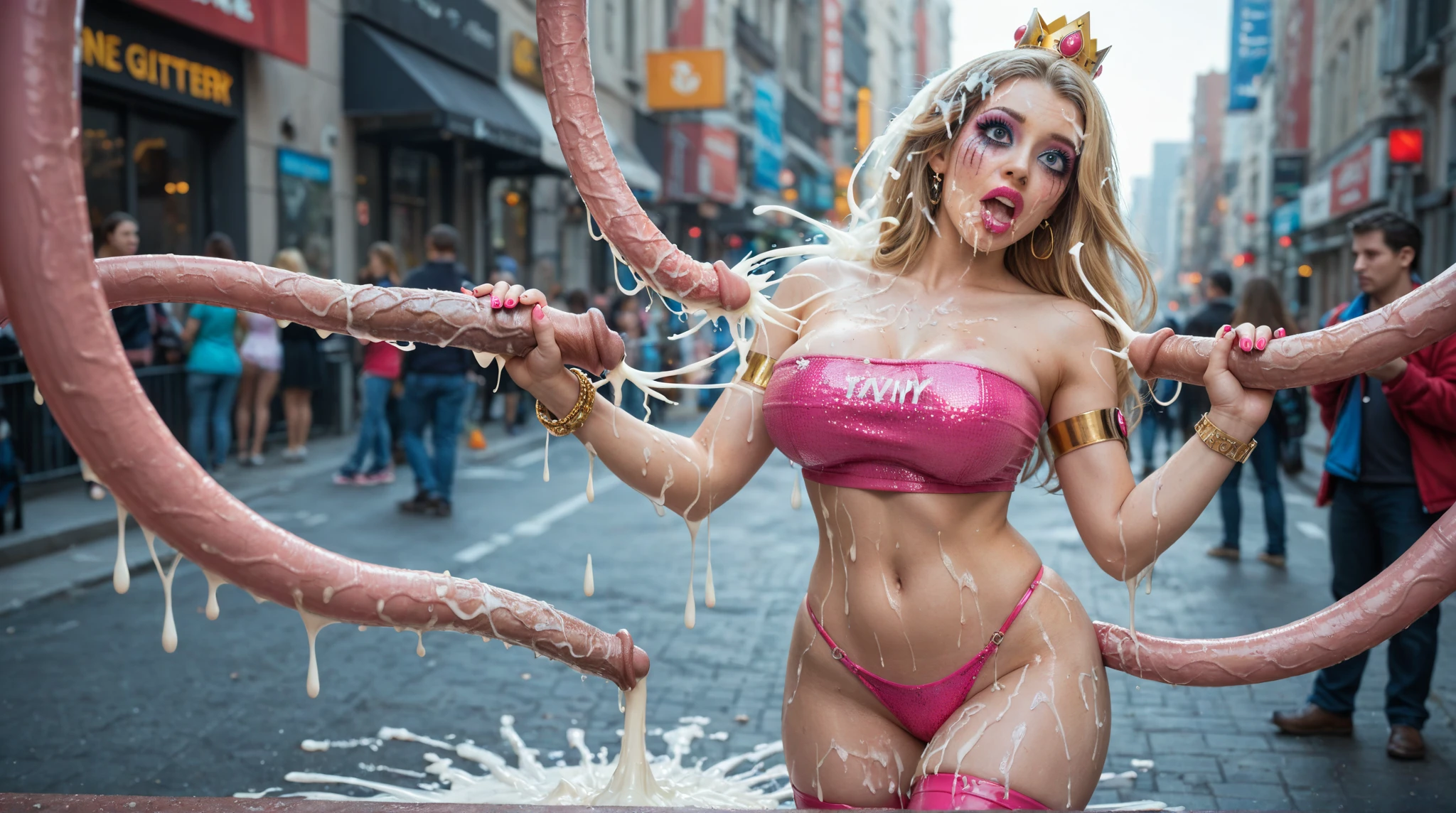 ((A very cute girl holding a microphone and singing a song, wearing an extreme micro string of white silk, a loincloth of white silk strings, is surrounded by a sexually aroused crowd at very bright crowded train station)), ((wearing a plummeted open shirt of white silk: 1.5)), (((Big: 1.4, Saggy breasts: 1.5)))), 8k, RAW photo, (((Full body shot)), ( Highly detailed skin: 1.2), (exposed: 1.5), (exposed breasts: 1.5), (exposed back: 1.5), (exposed shoulders: 1.1), (exposed crotch: 1.5), photos, masterpieces, top quality, dark gray background, (beautiful caucasian girl with beautiful blue eyes, gorgeous platinum pink hair, white skin, huge soft breasts and beautiful abs, two, two areolas, blond pubic hair), various poses, Ultra-detailed face, detailed eyes, ((no close up)), ((She is wet)), (She’s exciting and peeing).