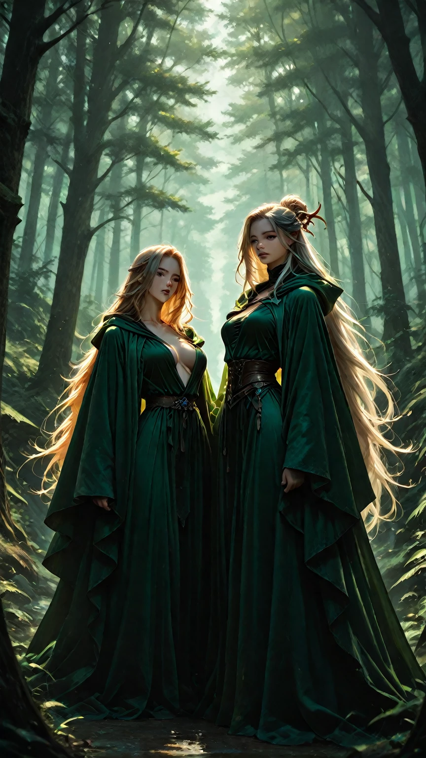 A coven of 4 witches a very beautiful blonde love witch with a doll face, sexy and attractive dressed in white, another druid witch with straight brown hair, glasses, with a deer antler headdress and green clothing, a chaos witch dressed in black with purple hair and elegant, a blue haired witch, dressed in blue like a princess, shape-shifting and mysterious, four witches
