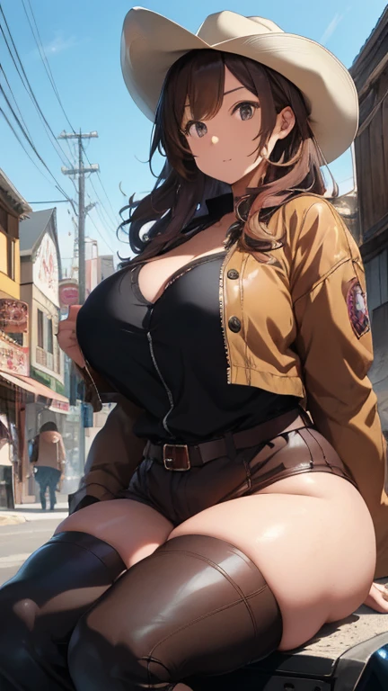 (masterpiece、highest quality:1.2)、solo、anime woman、revue、grin and laugh、looking at the viewer、Are standing、long brown hair、brown eyes、ponytail、V-shaped eyebrow hair、white bra、collarbone、fingerless gloveini string 、belt、holster、strong muscles pregnant 、big enormous massive gigantic breasts、woman with very large enormous massive gigantic big large fat absurde breasts、cleavage、muscular and strong pregnant 、Tattoo on the right shoulder、tall woman pregnant 、toned body、muscular pregnant woman 、Sidewalks in the city、sunset、chubby