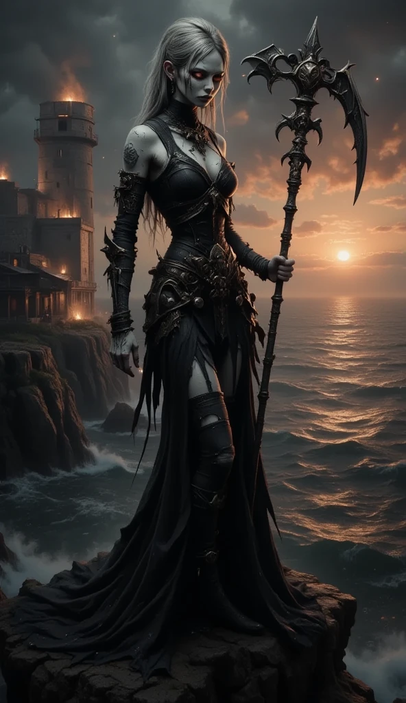 (((dark sols))) (((beautiful girl:1.7))), holds a sword, ((tall dark grass)), (grayness), (((gray day, gray clouds))), (((beautiful body))), no bra, no panties, (3d realistic)
