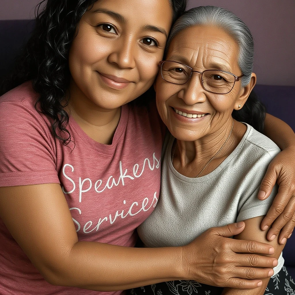 Create a photo of a 30 year old woman, with a slender and beautiful body, wearing a white shirt, braless with bare breasts and wearing pink sweatpants, with white and clear skin, with long light brown hair wearing prescription glasses, and is being wrapped up sitting on the lap of an elderly woman's legs, 90 years old, with dark black skin, did, obese, lowrise, who is wearing a white shirt and jeans.