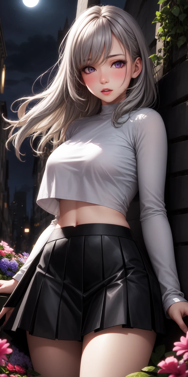 Realistic, One girl, Gray Hair, Purple eyes, Glowing Eyes, Crop top, skirt, Lips parted, blush, night, Flowers, sun, sunlight,