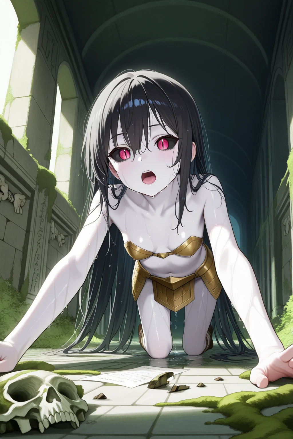 (brown eyes),((masterpiece, highest quality:1.2)),nsfw,after rape,creampie,excessive cum:1.3,bukkake,cowboy shot,1woman、27 year old beauty、solo,semi long hair,dark brown hair,blunt bangs,((very small head:1.7)),A despairing and empty look,tears,((slender and long body:1.5)),skinny,small breasts,oily skin,shiny skin,naked,nipples,navel、bottomless,vagina,Bruises from being beaten a lot:1.5、Injury,sitting,spread legs:1.5,Martial Artist、Coliseum、Arena、