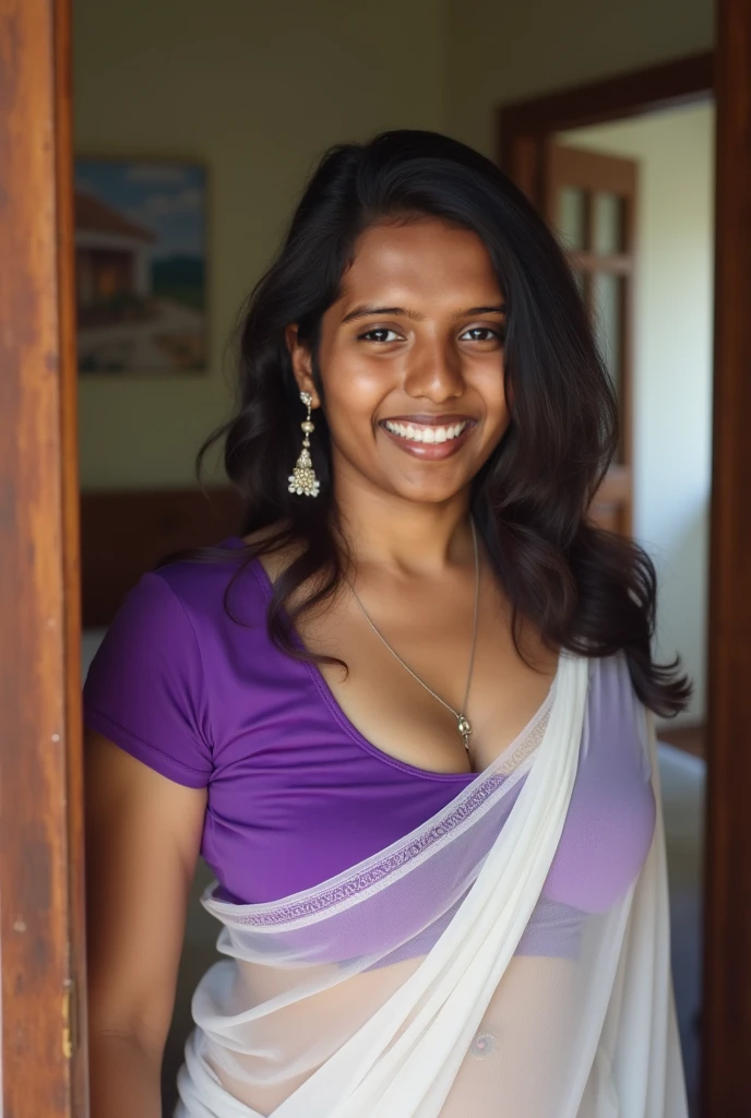 smiling woman with short messy black hair and earrings wearing a pink shirt and pants, this person does not exist, brown skin, petite body, diminutive, mixed-race woman, indian, puerto rican, african american, cambodian, stephanie beatriz-aaliyah-yuliya-sonoya mizuno-rakul preet singh-nicole scherzinger-sophie marceau-charithra chandran-selenis leyva-luciana carro-aubrey plaza-madhuri dixit merged, entire body visible, full body, hyperrealistic, best quality, 8K, real human skin, masterpiece, extremely intricate, medium closeup, detailed eyes, detailed face, detailed body, exaggerated features, pronounced features