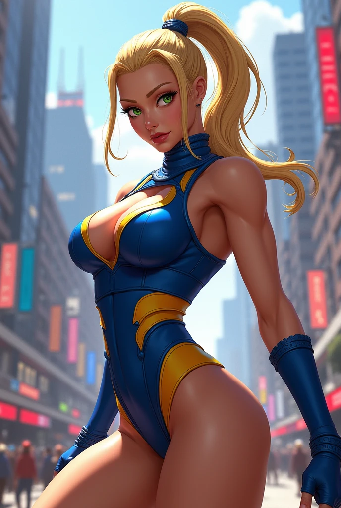 Cammy white, street fighter, sexy, blond, long hair, perfect body, thick legs, standing, red Brett, blue detailed swim suit, blue dress, solo, highly detailed, 