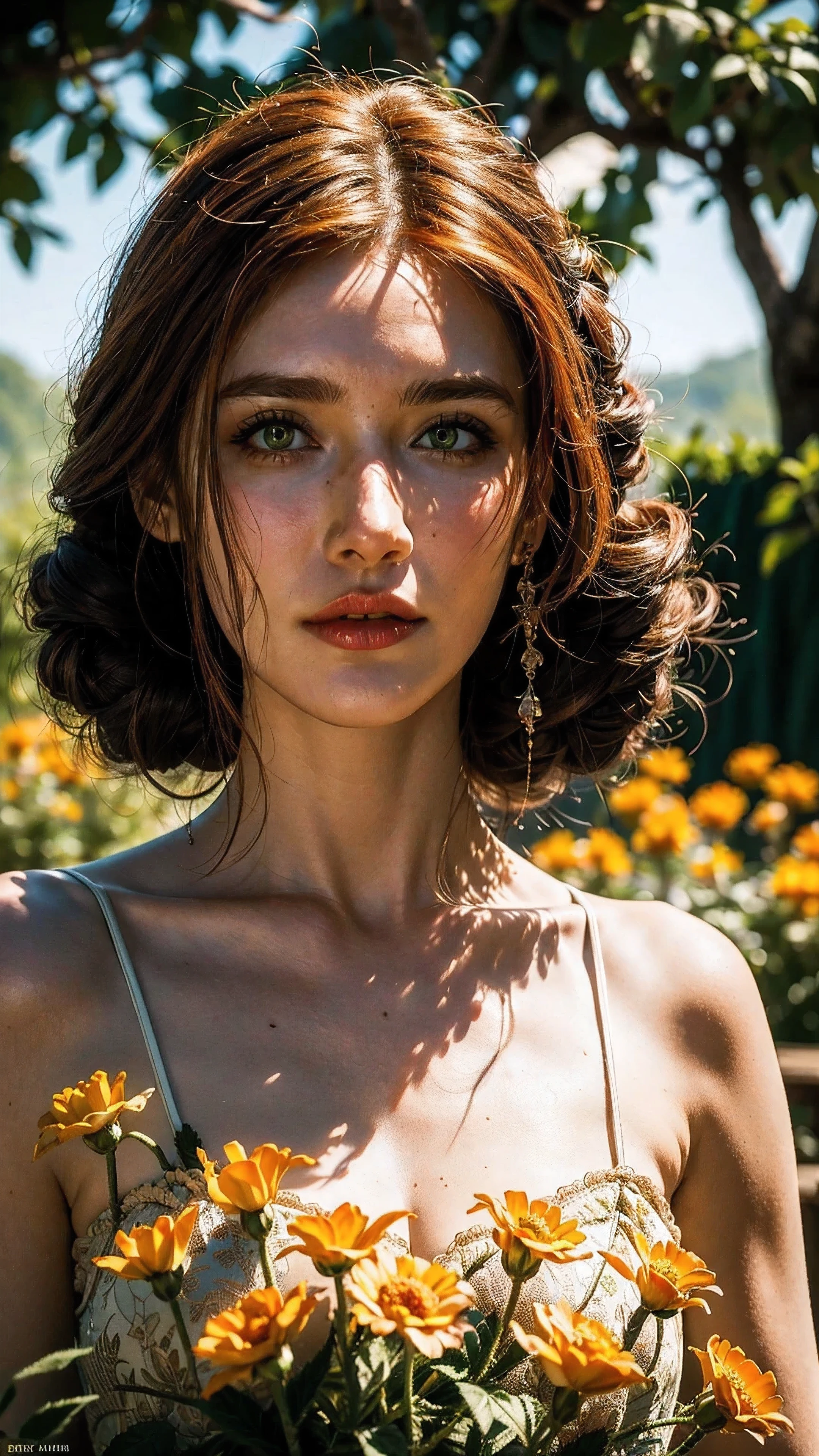 triss marigold, witcher the wild hunt, exploring stance, wondering looks in a garden, detailed portrait, beautiful woman, long red hair, emerald eyes, mysterious expression, intrigued pose, lush garden, blooming flowers, sunlit ambiance, serene atmosphere, cinematic lighting, trending style, vibrant colors, elegant digital painting, masterpiece, 8k, hyper detailed, photorealistic