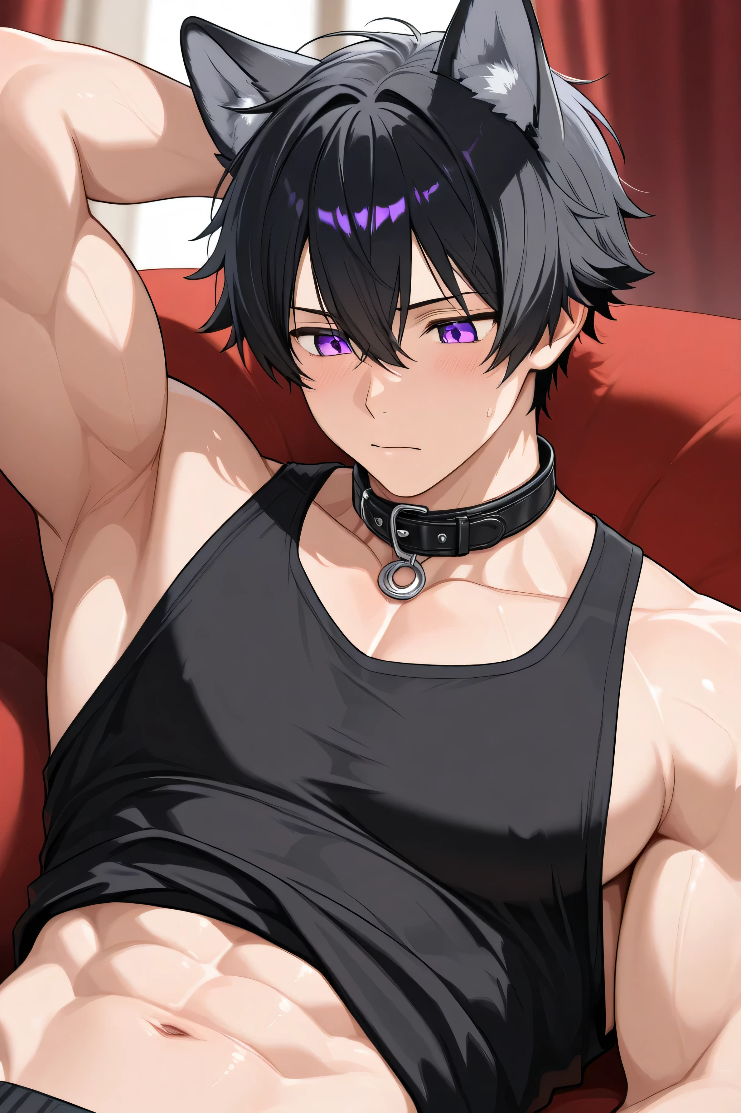 (masterpiece), best quality, expressive eyes, perfect face, perfect eyes, perfect body, 1boy, only 1 Scaramouche, single, husbando, muscular male, cisgender male, masculine, masculine face, anatomically correct, handsome face, hunky, buff Scaramouche, male Scaramouche, mature Scaramouche, Scaramouche from genshin impact, sweaty Scaramouche, drenched in sweat, sole male, solo, alone, muscular biceps, muscular chest, broad shoulders, slave collar, scaramouche wears a leather halter connected to his corset, scaramouche wears a leather corset, in bondage, flexing his arms, sitting on a sofa, perfect nipples, exposed chest area, uncovered chest, small waist