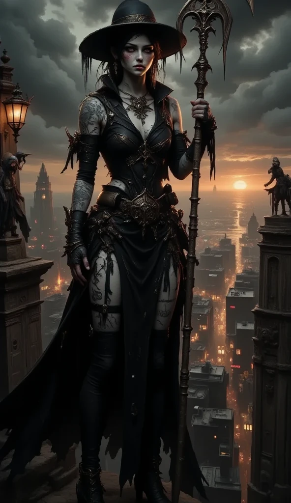 a sexy undead woman wanders in an old abandoned and dilapidated cemetery, in the distance behind her a mysterious ghost with illuminated eyes