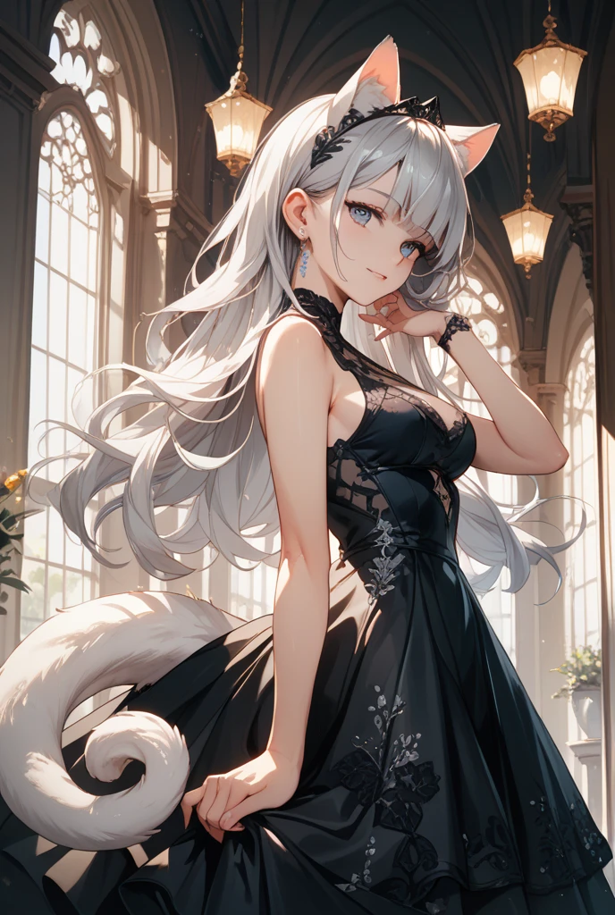 (masterpiece, best quality:1.1),
,1girl,12yo, cute,baby face, white hair, cat ear, tail,beautiful detailed teeth, eyes with large brown irises, small mouth, fresh lips,nose blush, detached sleeves dress, mini skirt,earrings,5finger,skirt lift,(panty) ,in cherry blossom avenue, beautiful lighting, volumetric lighting, dynamic angle, (photographic portrait), sharp,