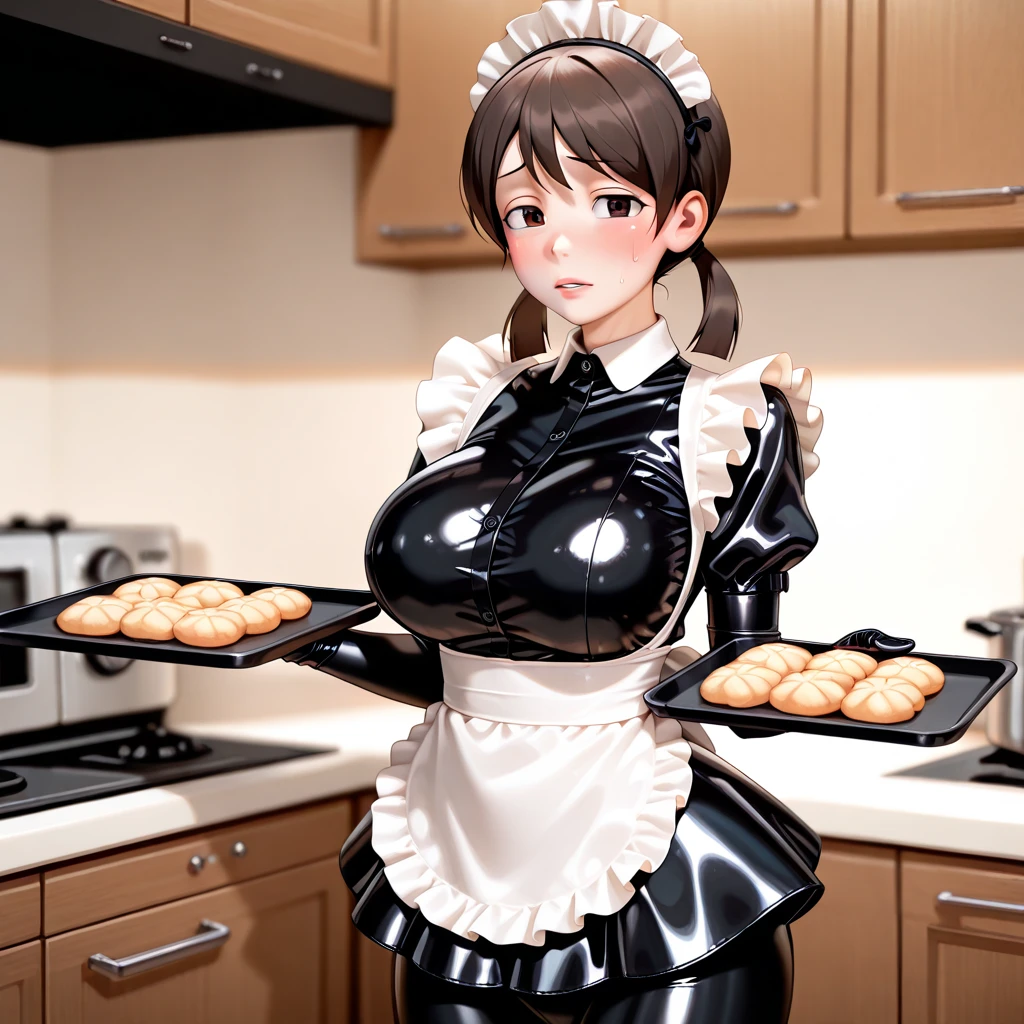 Meisterwerk, (realistisch), high-res, hochdetailliert, kompliziert, Beautiful women, rote Haare, blaue Augen, Sommersprossen, detailliertes Gesicht, maid outfit, looking at viewer, showing boobs, smile, huge boobs, in Cafe, serving you, lehnen