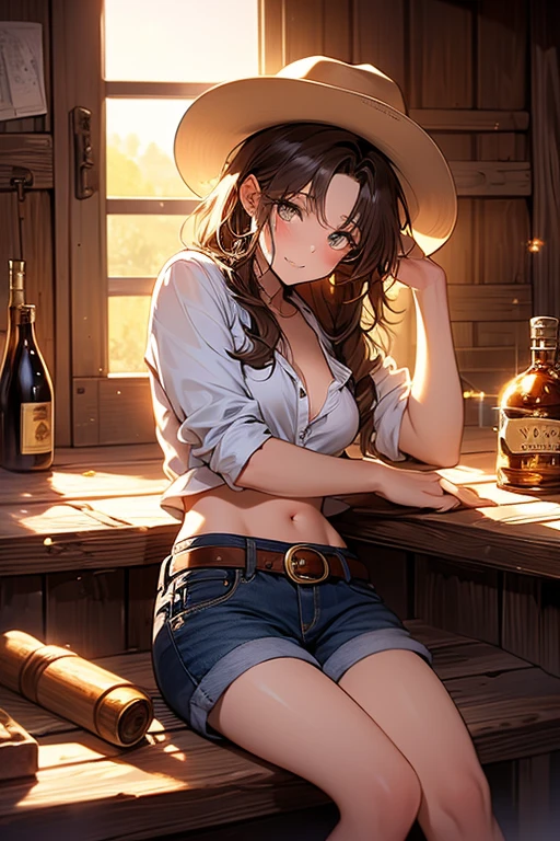 (highest quality, 4k, High resolution, masterpiece:1.2), Super detailed, (anime style, photorealistic:1.37), cinematic light, Bright colors and mesmerizing effects, Soft and delicate lighting, gentle shine, Beautiful and gentle atmosphere throughout the scene, (1girl:1.5), joven, (Cara finamente detallada:1.4, Ropa detallada), (Detallado:1.4) named (Eimi Fukada:1.1) BREAK Cara hermosa, Profundidad de campo, Agregar capa, 27 years old, Modelo de cuerpo perfecto, senos perfectos, 175cm de altura, pose sexy, full body, cuerpo completo, Tipo de cuerpo del modelo, BREAK (dark blue micro bikini:1.0), (tight short:1.3), (Cabello largo:1.3), (brunette:1.1), dark brown hair, doble parpado, (reddish brown eyes:1.5) BREAK blush, long hair, nijistyle, smile, golden field with a small barn, a few clouds, (cowboy shot:0.1), sitting on the grass next to a fire pit, sitting on a camp