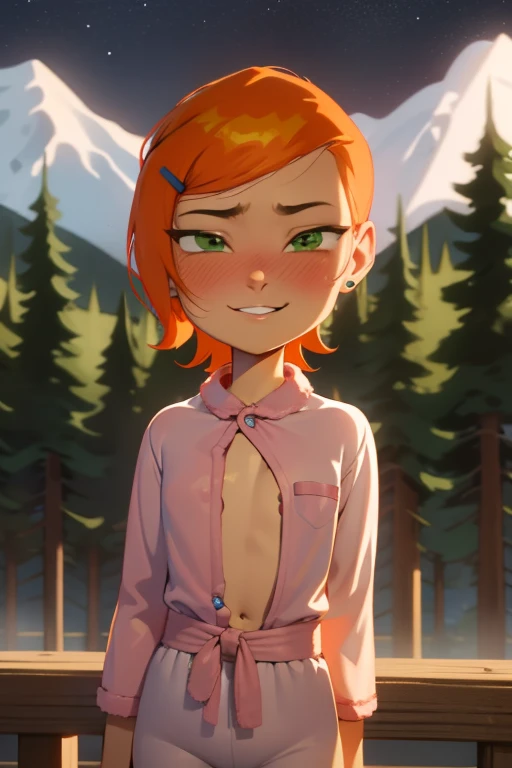 (Masterpiece), Best Quality , ultra-detailed, 1girl (Gwendolyn_Tennyson, breasts, naked body, orange hair, short hair, green eyes, half-closed eyes), a come-hither face, parted lips, solo, facing viewer, looking at viewer, nose blush, blush, sundress, skirt lift, forest, in the mountain cabin, night time, dark lighting, standing, come-on, skirt lift