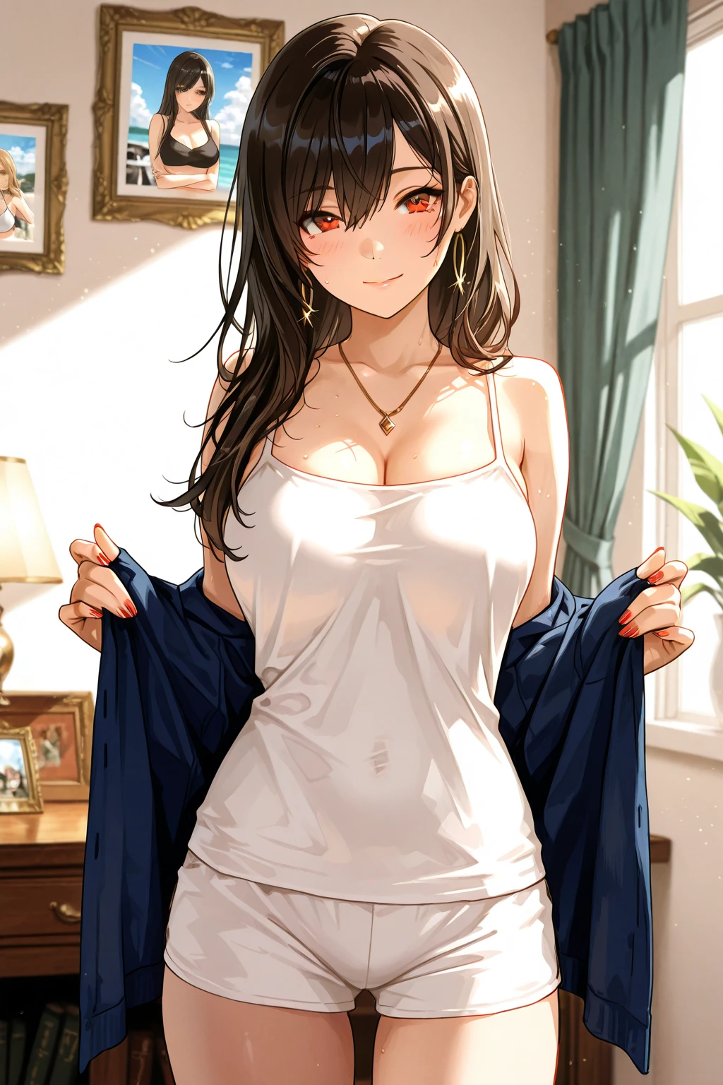 26歳のolder sister, embarrassed, brown hair, long hair, brown eyes, older sister, Fair skin, Are standing, front, looking here, sweaty, In underwear, Bewitching, good eyes, bedroom, masterpiece, best quality, super fine illustration, highres