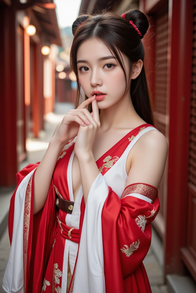 1girl,huge breast, black hair, red eyes,high quality, ultra detailed, masterpiece, realistic,Miko clothes